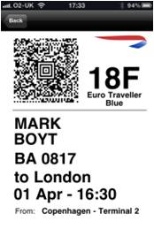 Airline boarding pass for British Airways on smartphone with QR Code